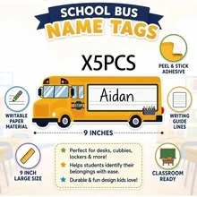 30pcs School Bus Name Label Stickers, Suitable For Classroom, 9 Inch Desk Name Plates, Bus Shaped Peel And Stick Student Name Labels With Writing Lines, Teacher Supplies And Back To School Decor - A - View 10