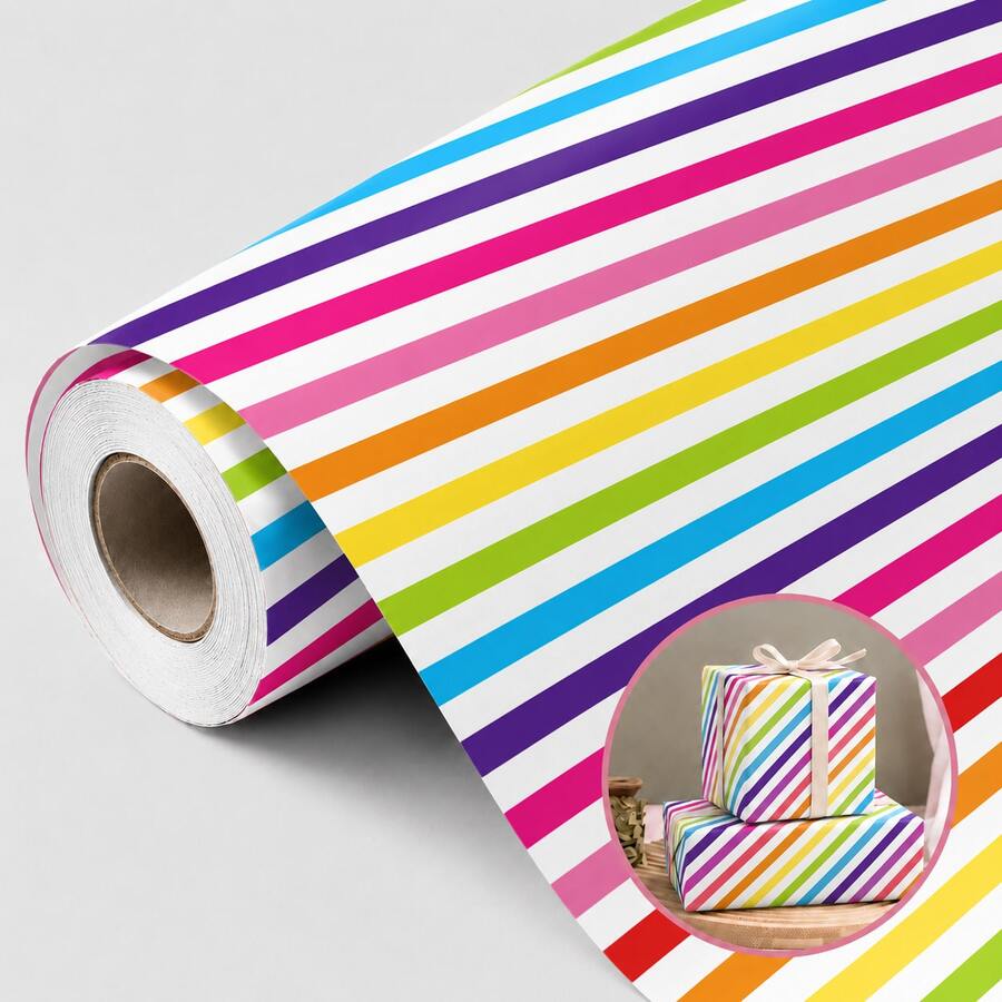 1 Rollo de Papel de Regalo a Rayas Arcoíris, Envoltura de Regalo con Rayas Diagonales de Colores, Adecuado para Regalos de Cumpleaños, Bodas, Baby Showers, Suministros para Fiestas, Envoltura de Ramos, Recuerdos de Fiesta y Manualidades DIY - Papel de embalaje - Ver 1