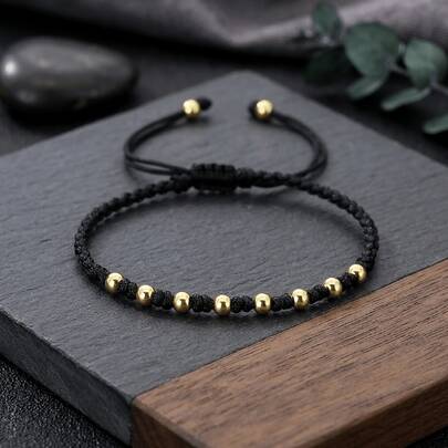 1PC Minimalist Red Cord Gold Bead Bracelet, Copper Bead Handmade Woven Bracelet, Unisex Bracelet, Neutral Style Bracelet, Adjustable Bracelet, Stackable Red/Black Jewelry Cord Woven Bracelet, Adjustable Drawstring Design, Suitable For Daily Commute, Holiday Gatherings, Gift For Family, Friends, Loved Ones, Birthday Gift, Family Gift, Blessing Gift