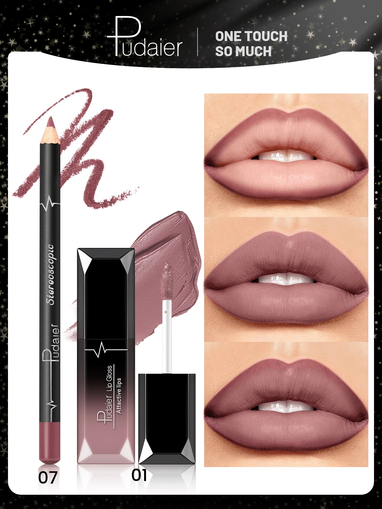 Pudaier Matte Lip Gloss & Lip Liner Set - Soft Matte Velvet Finish, Long-Lasting Waterproof, Nude & Bold Shades, Suitable For All Occasions Lip Makeup Set, Compatible With Various Makeup Styles - 07+01 - View 1