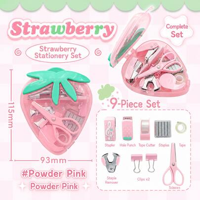 1 Set Strawberry Pattern Stapler Kit, Cute Style Desktop Storage Student Planner Efficiency Tool Set, Planner Dedicated Stapler, Stapler With Storage Box, Mini Stapler Set