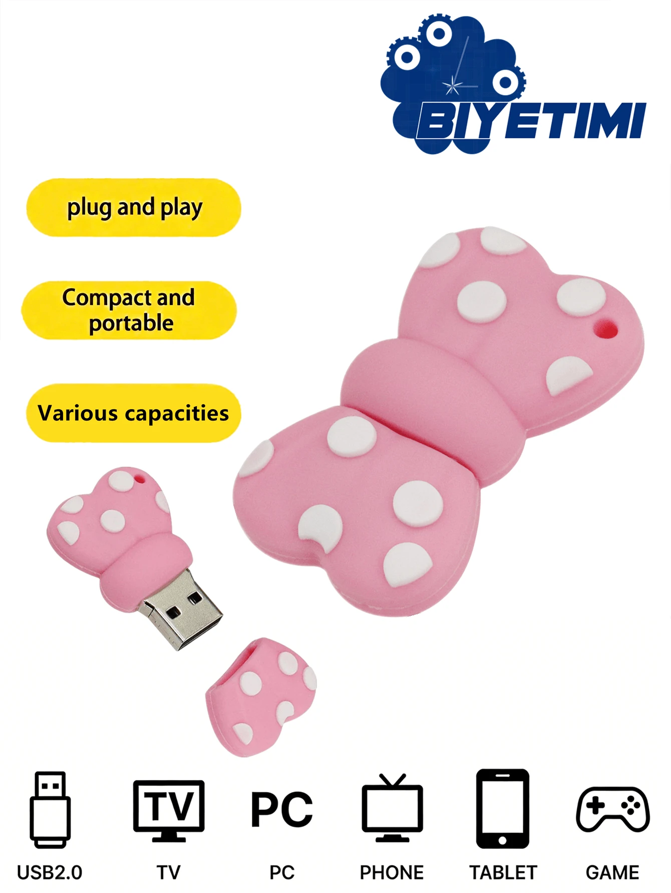 Biyetimi 128GB USB Flash Drive With Bowknot Pattern, 64GB 2.0 Cartoon USB Flash Drive, 32GB USB Flash Drive 64GB, Gift For Girls