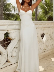 Elegant Tie Waist Fitted Semi-Sheer Wedding Evening Party Dress - White - View 4