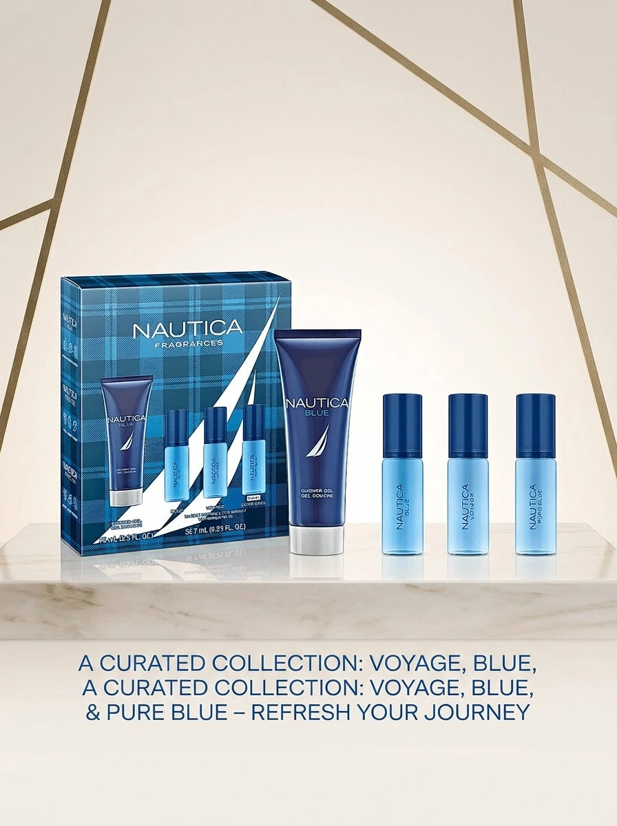 Nautica 4 Pcs Set For Men (EDT 7ml*3+Shower Gel 75ml) Mini Set 0.23oz/7ml*3+2.5oz/75ml – Fragrance Gift Set, Long-Lasting Fragrance, For Men, Aquatic, Ocean Blue, Suitable For Travel - Multicolor - View 1