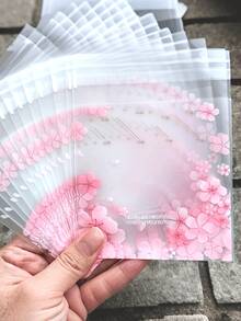 100pcs Sakura Print Self-Adhesive Cookie Packaging Bags, Transparent Frosted Plastic Snack Sealing Bags, Waterproof Candy Cookie Packaging Bags, Suitable For Bakery Shop Party Gifts - Multicolor - View 4