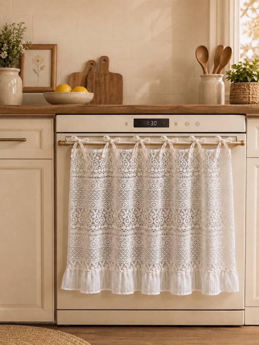 Bubaba Tirai Oven Renda Vintage, Penutup Kompor Dapur 100% Poliester, Dengan 6 Tali Pengikat, Tirai Pegangan Oven Berumbai Dekoratif, Dekorasi Dapur Gaya Rumah Pertanian, 29,9 X 21,3 Inci - MultiWarna - View 1