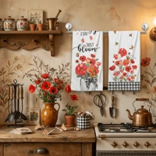2/4/48pcs Red Floral Butterfly Pattern Printed Kitchen Towels - Ultra Soft, Highly Absorbent Polyester Dish Cloths And Hand Towels, Perfect For Holiday Decor, Kitchen Decor, Party Decor. - Multicolor - View 2