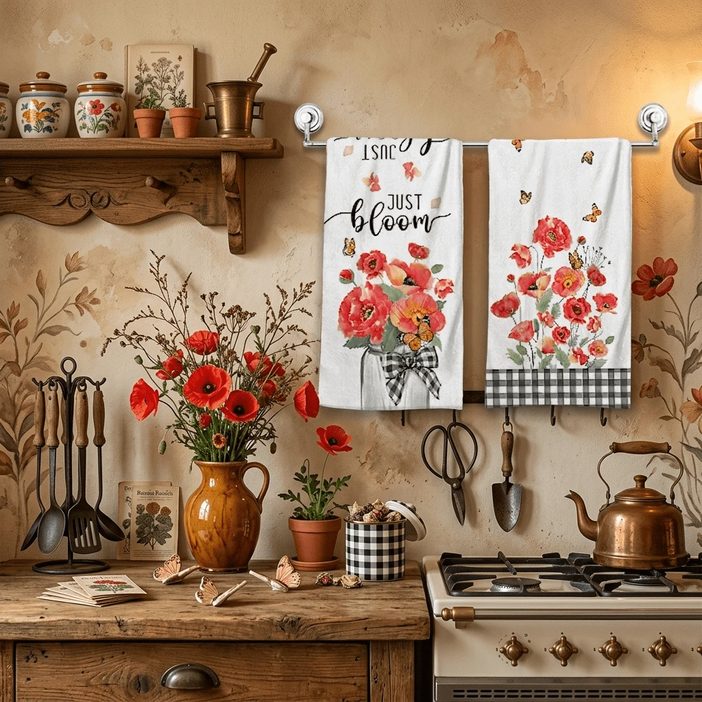 2/4/48pcs Red Floral Butterfly Pattern Printed Kitchen Towels - Ultra Soft, Highly Absorbent Polyester Dish Cloths And Hand Towels, Perfect For Holiday Decor, Kitchen Decor, Party Decor.