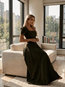 Long Dress With Short Sleeves, Square Neckline, Solid Color, Elegant, Sizes S M L - 軍綠色 - 查看 4