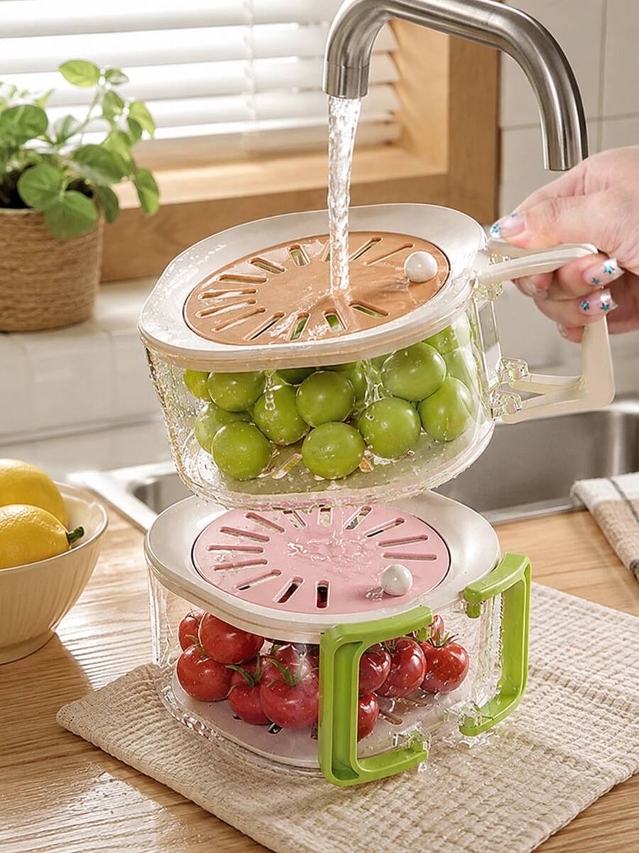 1pc Retractable 2-In-1 Thickened Vegetable Washing & Draining Basket With Lid And Foldable Handle, Large Capacity Fruit Storage & Strainer Basket For Home Kitchen, Efficient Practical Tool, Warm Autumn/Winter Style