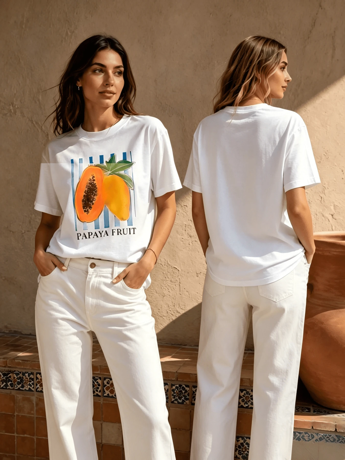 2026 Summer Women Round Neck Tee, Watercolor Papaya Mango Print, Soft Breathable Casual Top Daily Vacation, Free Shipping Ship In 24H. - 白色 - 查看 1