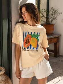 2026 Summer Women Round Neck Tee, Watercolor Papaya Mango Print, Soft Breathable Casual Top Daily Vacation, Free Shipping Ship In 24H. - 杏色 - 查看 16