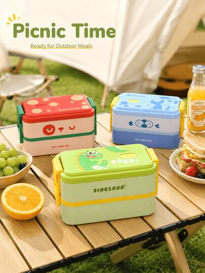 Cute Cartoon Double-Layer PP Portable Lunch Box, Featuring Unicorn, Dinosaur And Seal Patterns; Perfect For School, Picnic, Outing And Holiday.