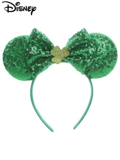 1pc Disney Cartoon Green Sequin + Clover Pattern + Green Sequin Bow Headband, Amusement Park Theme Series Mickey Minnie Ears Sequin Bow Headpiece For Stage Performance Costume, Holiday Party Birthday Theme Mickey Hair Accessory Headband, Suitable For Holiday Parties