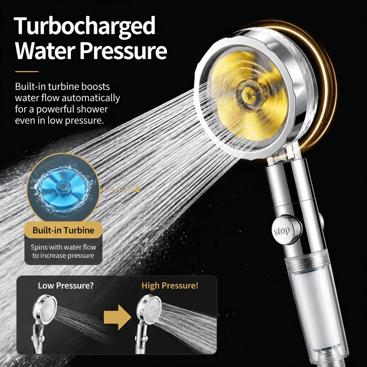 Cabezal de ducha de mano de alta presión con filtros, chorro de agua vórtice, turbina de propulsor turbo, rotación de 360 grados, fácil instalación (color enviado al azar) - Multicolor - Ver 1