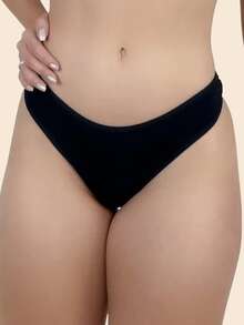 Set Of 5 Premium Cotton Thong Panties, Comfortable, Plain, Black - 基本黑色 - 查看 3