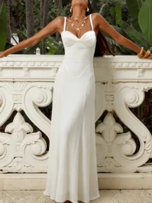 Elegant Tie Waist Fitted Semi-Sheer Wedding Evening Party Dress - White - View 1