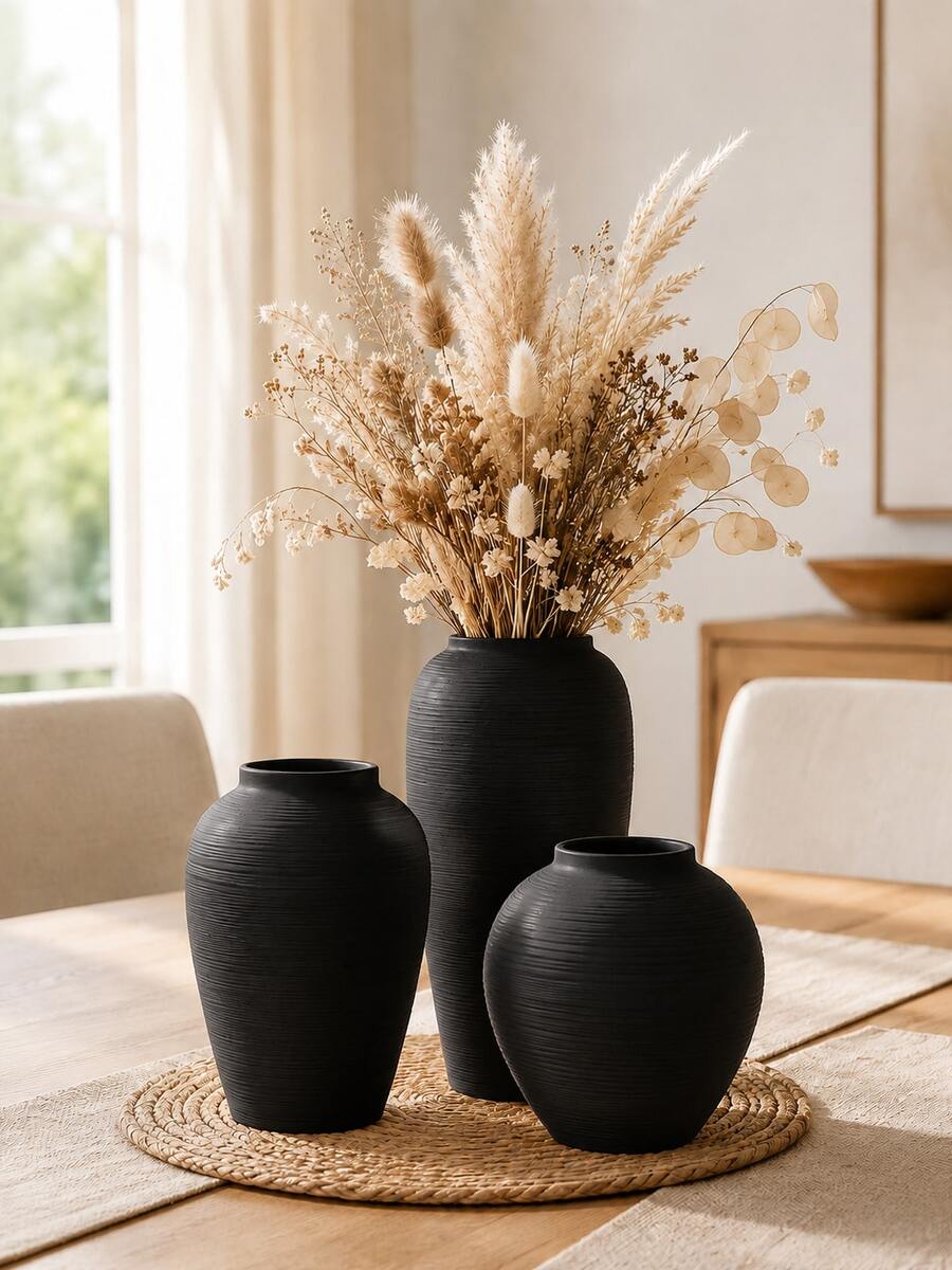Ceramic Country Style Vase, 7.08 Inch White Washed Clay Vase, Clay Decorative Vase, Suitable For Home Decor, Dining Table, Living Room, Shelf, Mantel Decoration (Black) - A - View 1