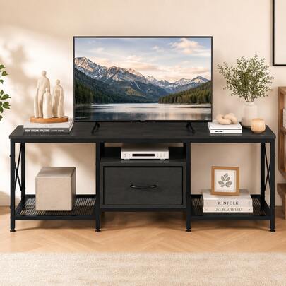 Mueble para TV Industrial de 130 cm, Mesa para TV de Hasta 55 Pulgadas con Cajón de Tela, Estantes de Malla Metálica y Estructura de Acero, para Sala y Dormitorio, Negro