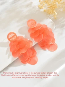 1對優雅奢華度假風誇張紋理不對稱圓盤長流蘇耳環，適合女性日常與度假穿著（圓盤表面紋理可能略有差異） - 桔色 - 查看 5