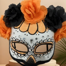 1pc Sugar Skull Mask For Day Of The Dead, Decorated With Orange And Black Artificial Roses, Glitter And Rhinestones, Half Face Mask For Halloween Costume Party, Mexican Day Of The Dead Women's Party Accessory - View 12