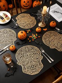 1-4 Stücke orangefarbene Totenkopf-Tischsets, dunkler gotischer Stil, weiches PVC, Cut Out geschnitztes Totenkopf-Design, waschbar, rutschfest, geeignet für Halloween / Tag der Toten Tischdekoration - Verschiedenfarbig - Übersicht 21
