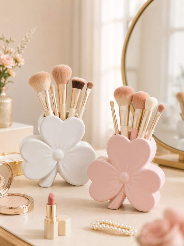 1pc Flower Shaped Bathroom Countertop Organizer Cute Makeup Brush Holder Toothbrush Holder Cosmetic Storage Cup For Vanity Sink Dresser Bathroom Decor