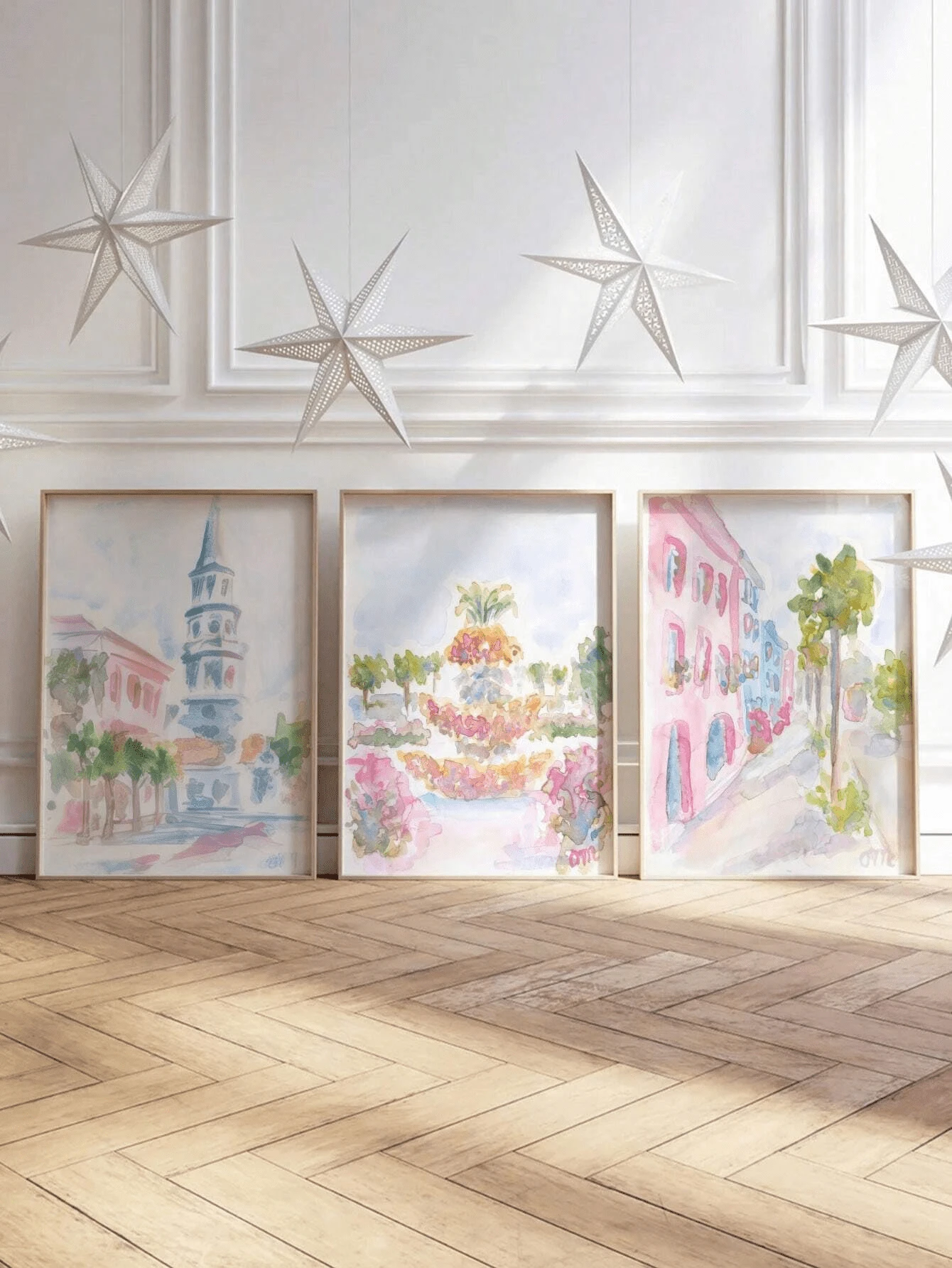 3pcs Charleston Watercolor Canvas Poster Set, Exquisite Style, Elegant Wall Art, Pink Wall Decor, Unframed