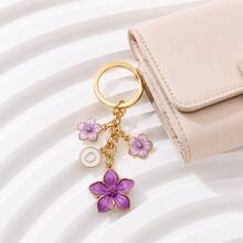 1pc Purple Floral Metal Keychain With Oil Drip Effect, Cute 5-Petal Flower Bag Charm, Student Back To School Gift, Car Accessory Pendant, Key Chain For Teachers, Moms, Friends Birthday Gift, Floral Jewelry, Back To School Gift, Halloween Gift - Purple - View 6