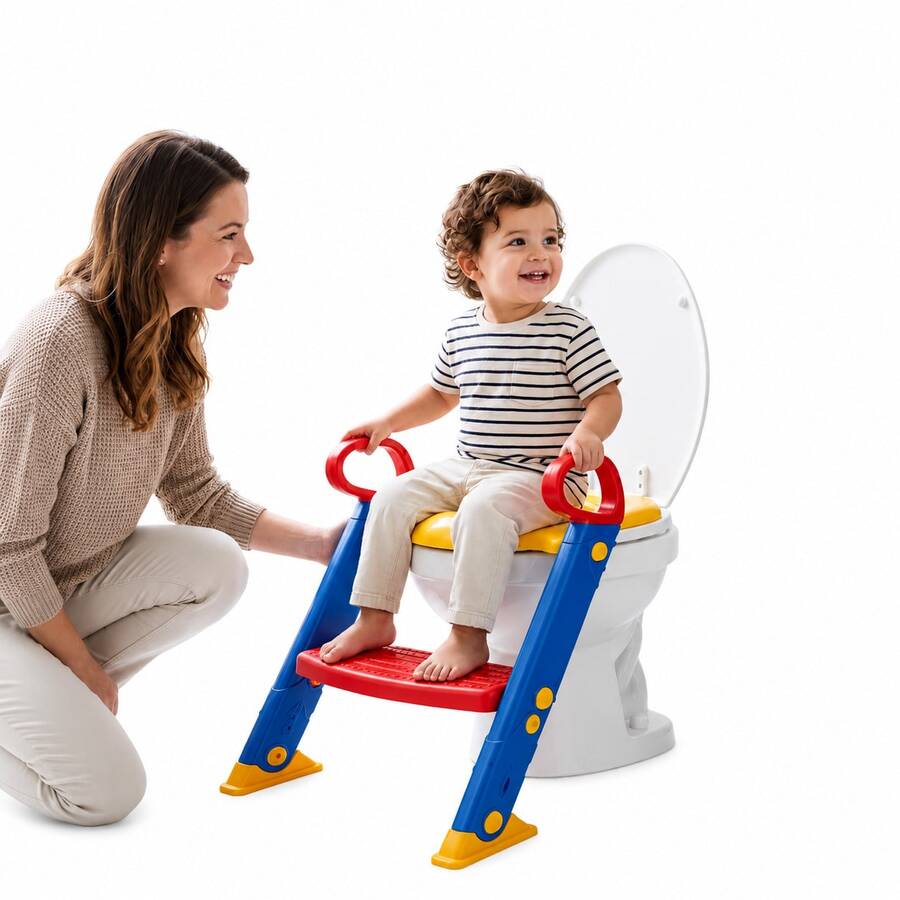 Kids Potty Training Toilet Seat With Foldable Ladder Steps – Adjustable Non-Slip Toddler Toilet Trainer Seat Stable & Easy Use - Blue/red - View 1