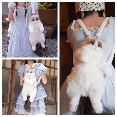 1pc Cute Realistic Plush Cat Backpack Doll, Cat Plush Doll Comforting Doll, Birthday Gift For Girls, Plush Animal Cat Backpack, Fashionable Shoulder Bag, Crossbody Bag, Adjustable Strap Suitable For Women
