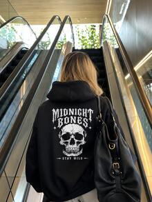 Sweatshirt Pullover Bergambar Tengkorak Ukuran Besar, Sweatshirt Pullover Lengan Panjang Hitam Kasual - Hitam - View 4