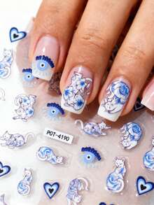 1pc Blue Floral Cat Evil Eye Nail Stickers Gradient Heart Nail Sliders Self-Adhesive Disposable Embossed Nail Decor INS Style Suitable For Holiday Party Daily - 彩色 - 查看 1