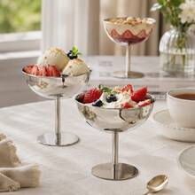 1 Set Stainless Steel Ice Cream Cup, Dessert Bowl, Round Pedestal Pudding Tray, Salad Fruit Yogurt Snack Candy Plate, Suitable For Party Use - Silver - View 8