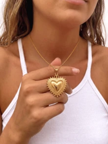1 Stück übertriebener Herz-Leucht-Anhänger im europäischen & amerikanischen Stil, 18K vergoldeter Herz-Anhänger Halskette, zarte elegante Edelstahl Halskette, Valentinstag Geschenk, Thanksgiving Geschenk, Strand Geschenk, Unisex Schmuck, geeignet für Männer & Frauen, wasserfest & farbbeständig - Verschiedenfarbig - Übersicht 2