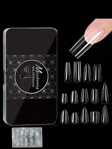 240pcs Transparent Natural Carved Pointed/Coffin/Almond/Square Full Cover Fake Nails, Women Girls Home Use Nail Salon Extension DIY Nail Art Supplies - Clear - View 1