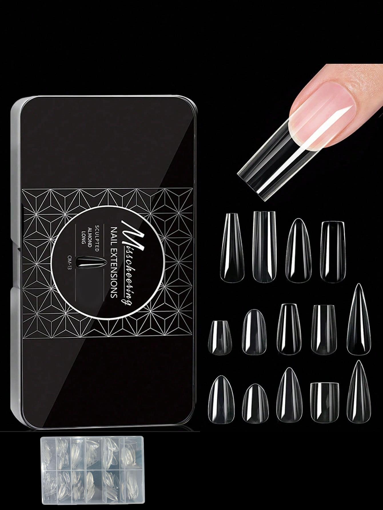 240pcs Transparent Natural Carved Pointed/Coffin/Almond/Square Full Cover Fake Nails, Women Girls Home Use Nail Salon Extension DIY Nail Art Supplies - Clear - View 1