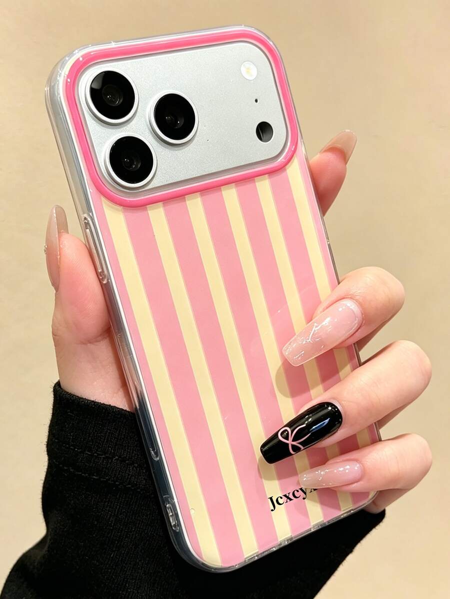 Cute Color Block Stripes Pattern Glossy Soft Phone Case Compatible With IPhone 17ProMax 17 16 15 14 13 Pro Max 17Pro Shockproof Cover - Pink and Yellow Stripes - View 1