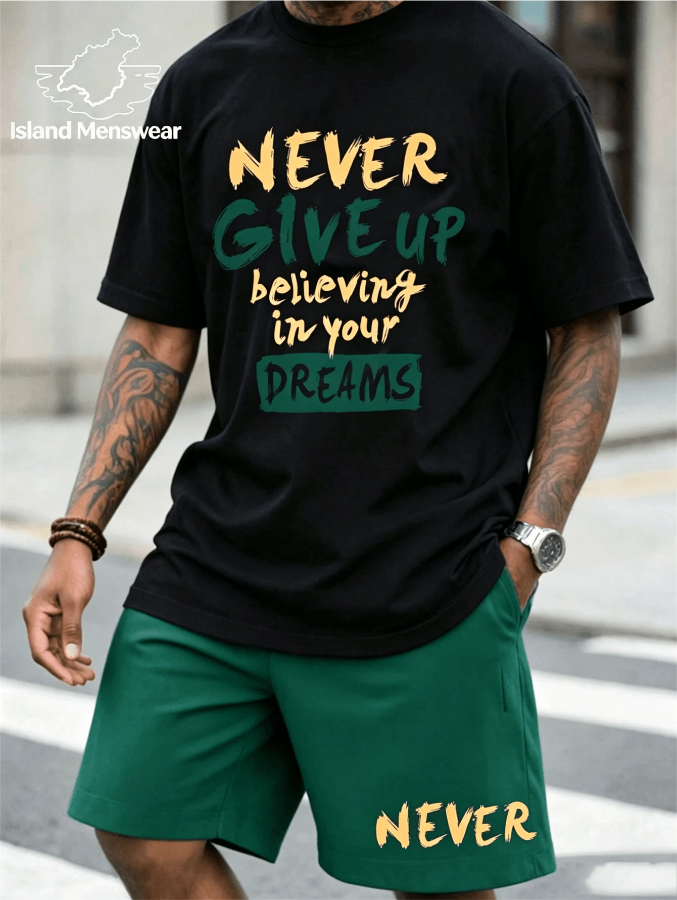 Men's Two-Piece T-Shirt And Shorts Set For Everyday Comfort And Style Never Give Up Print Set, Vintage Shirts Graphic Tees Men Tops For Summer,Basic - 黑色上衣 - 查看 1