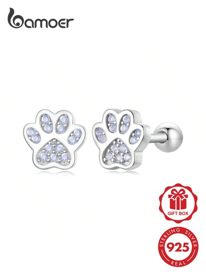 bamoer 1 Pair 925 Sterling Silver Cute Dog Paw Print Original Earrings, Sweet Pet Footprint Earrings, Suitable For Women/Girls Birthday Party Gift