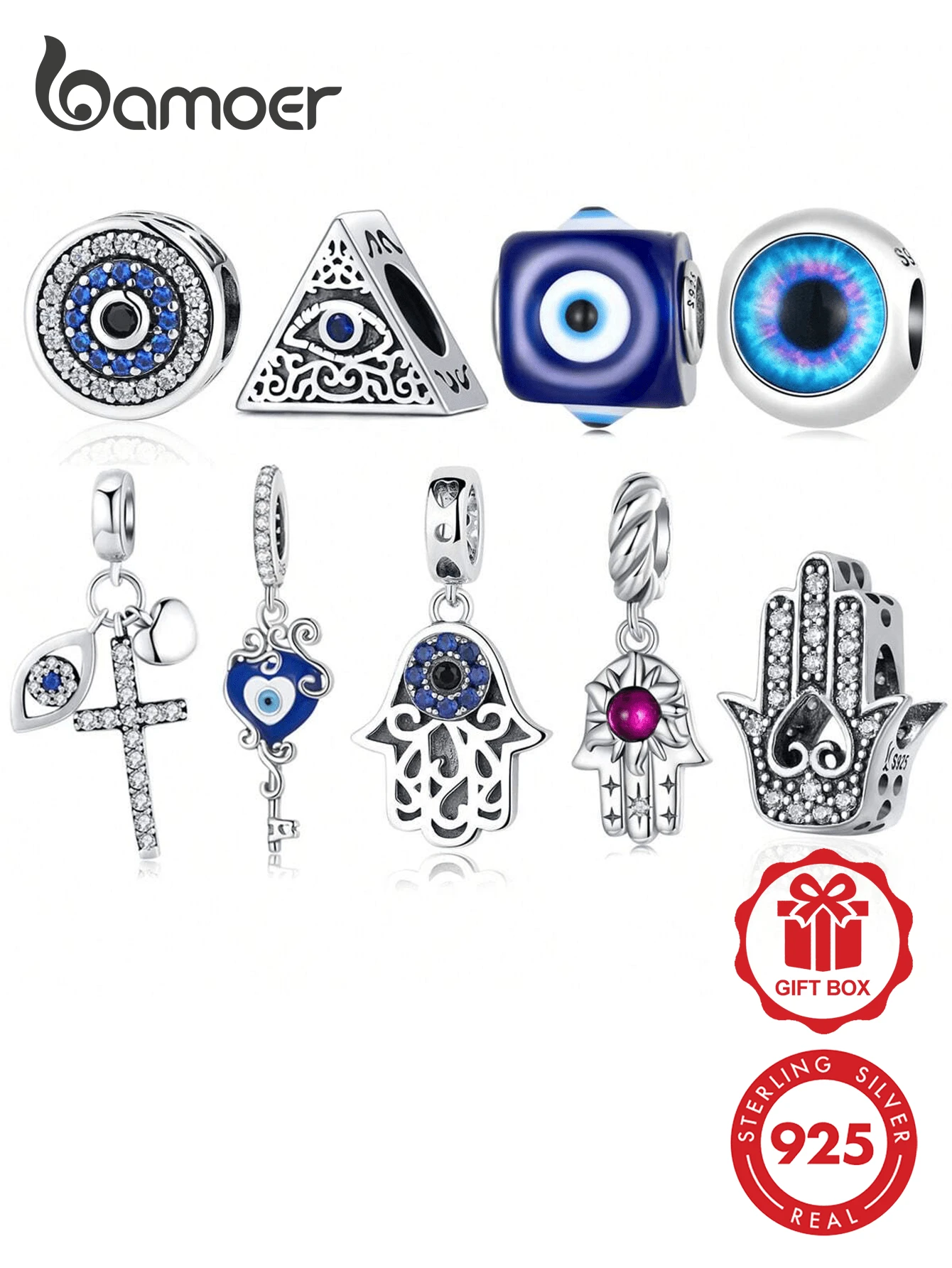 bamoer 1颗925纯银蓝色眼睛吊坠珠，适合女性DIY手链项链，万圣节饰品