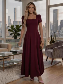 Long Dress With Short Sleeves, Square Neckline, Solid Color, Elegant, Sizes S M L - 酒紅色 - 查看 5