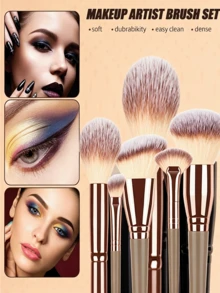 Set de 15 piezas de brochas de maquillaje con mango dorado champán, cerdas sintéticas suaves para polvo, rubor, base, contorno, sombra de ojos, difuminado y cejas, kit completo de maquillaje facial, herramienta de belleza profesional para maquillaje diario y de salón - Multicolor - Ver 3