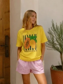 2026 Summer Women Round Neck Tee, Watercolor Papaya Mango Print, Soft Breathable Casual Top Daily Vacation, Free Shipping Ship In 24H. - 黃色 - 查看 11