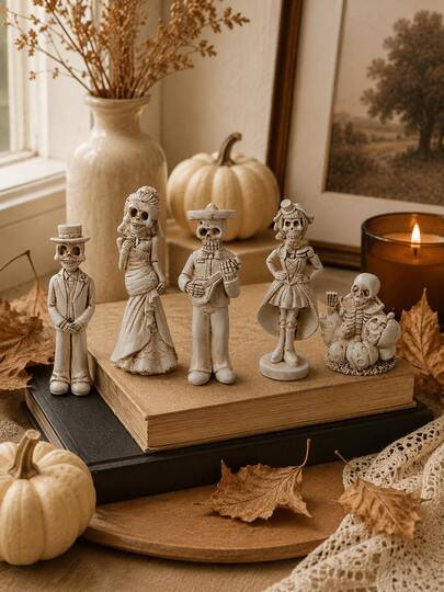 Vintage Halloween Skeleton Statue Set, Day Of The Dead Inspired Resin Figurine, Mini Skull Tabletop Ornament, Autumn Home Decor, Spooky Cute Shelf Decor, Party Desk Mantel Decoration Gift