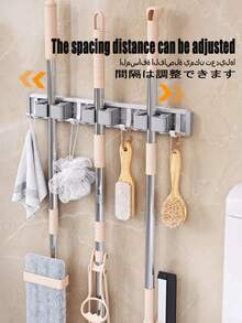 1pc 4-Clip 5-Hook Aluminum Wall-Mounted Bathroom Mop Holder, Broom Rack, Storage Rack, No-Drill Mop Holder, Suitable For Bathroom And Balcony - Multicolor - View 6