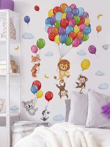 1pc Colorful Balloon Cute Animals Lion Fox Monkey White Cloud Wall Decor Sticker Removable Room Decoration Wall Decal For Bedroom Living Room Kids Room - 1PC - View 1