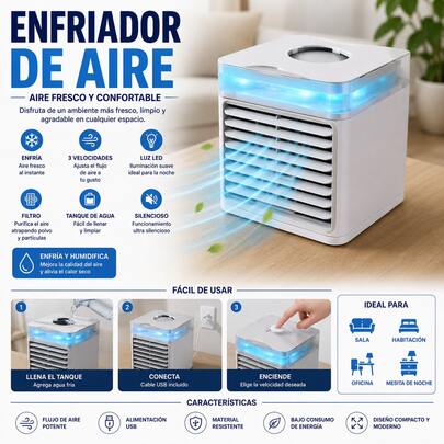 PORTABLE AIR COOLER,Ultra Enfriador De Aire, Aire Acondicionado Portátil, 3 Vel. LUZ RGB,HUMIDIFICADOR