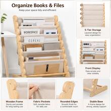 5-Tier Wooden Frame File Organizer Rack, Fabric Pocket Book Storage Stand For Office, Desk, Study Room And Home Document Sorting - View 1