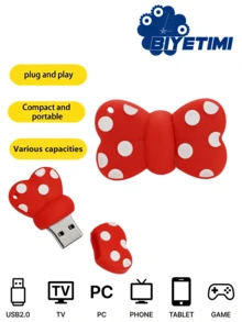 Biyetimi 128GB 蝴蝶结图案U盘，64GB 2.0卡通U盘，32GB/64GB U盘，女孩礼物 - 紅色 - 查看 2